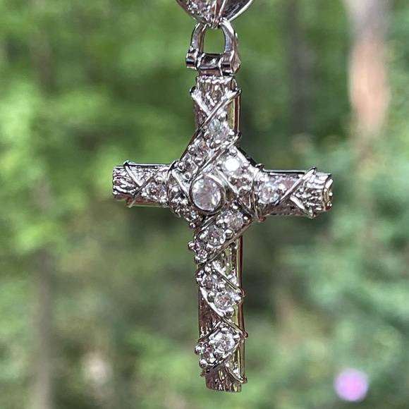 Large Ornate Solid Sterling Silver and CZ Cross Pendant - Picture 2 of 5